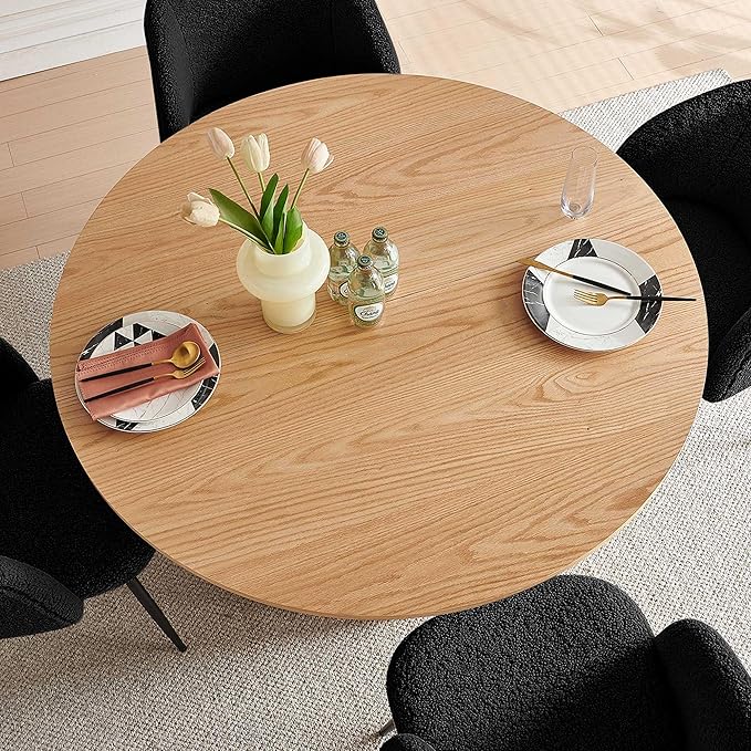 5-Piece Modern Kitchen Dining Room Table Set for 4, 47-Inch Oak Wooden Dining Table Round with 4 Seated Black Arm Chairs Upholstered Sherpa, Mid-Century Breakfast Nook Table Set