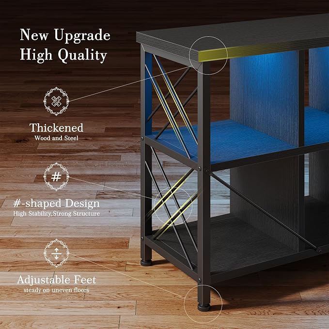 DurayLoly 6 Cube Storage Organizer with LED Light and Charging Station, Wood and Metal Cube Shelf as Long Horizontal Book Shelf for Bedroom Home Office, Black