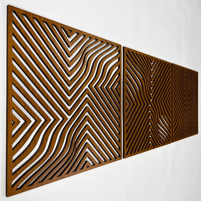 Large Abstract Art featuring Geometric Optical Wave Wood Wall Decor, Mid Century Modern Wooden Wall Panels, Triptych Home Accents Gift for Living Room and Bedroom