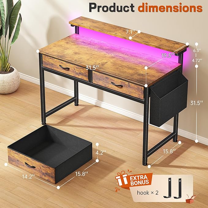 Gaming Desk with LED Lights with 2 Drawers, 31 Inch Desk Home Office Desk Computer Desk with Side Pocket & Ergonomic Monitor Stand, Small Space Study Writing Table with Anti-Tip Design, Rustic Brown