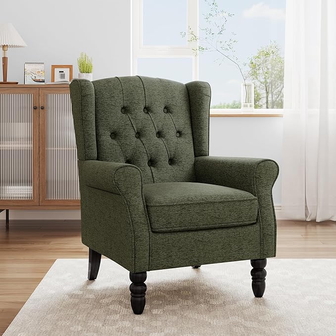 Accent Chair, High Back Upholstered Chair with Button Tufted, Mid-Century Modern Comfy Wingback Chair Reading Armchair in Fabric for Living Room for Bedroom, Office-Green