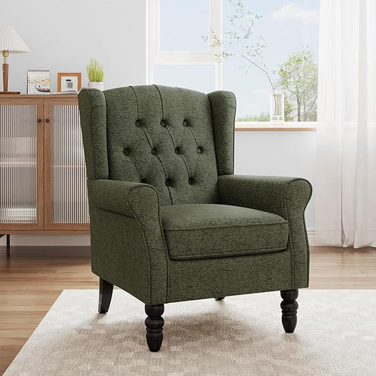 Accent Chair, High Back Upholstered Chair with Button Tufted, Mid-Century Modern Comfy Wingback Chair Reading Armchair in Fabric for Living Room for Bedroom, Office-Green