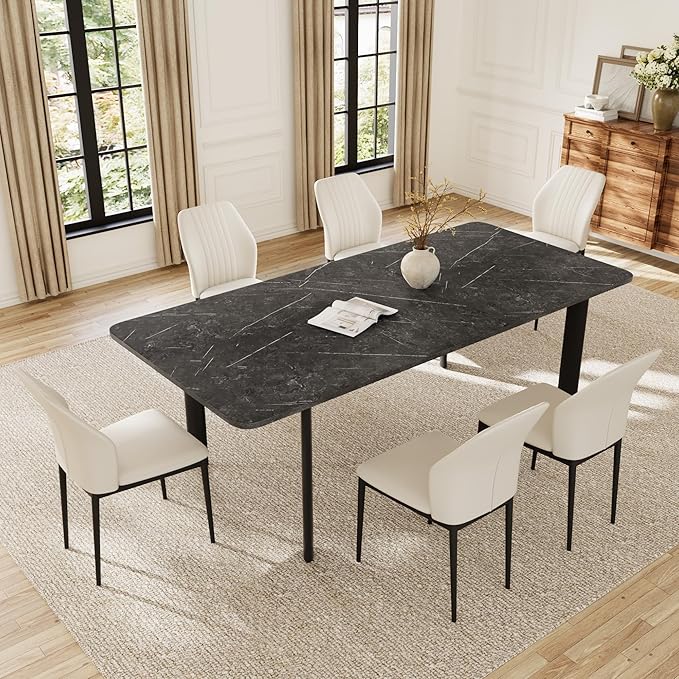 Extendable Dining Table Set for 6-8 People, 63 to 78.7 Inch MDF Kitchen Table with 6 Faux Leather Dining Chairs, Space-Saving for Dining Room, Breakfast Nook (Dark Grey Table & 6 White Chairs)