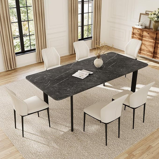 Extendable Dining Table Set for 6-8 People, 63 to 78.7 Inch MDF Kitchen Table with 6 Faux Leather Dining Chairs, Space-Saving for Dining Room, Breakfast Nook (Dark Grey Table & 6 White Chairs)