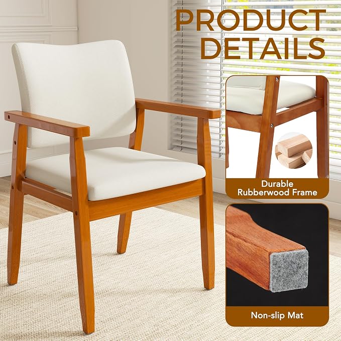 Mid Century Modern Walnut Dining Chairs Wood Arm Beige Fabric Kitchen Cafe Living Room Decor Furniture