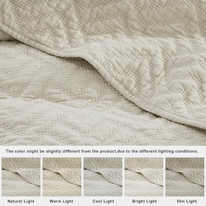 palassio Beige 100% Cotton Quilt King Size Bedding Sets with 2 Pillow Shams, Lightweight Textured Farmhouse Country Bedspread Soft Shabby Chic Patterned Coverlet for All Season, 3 Pieces