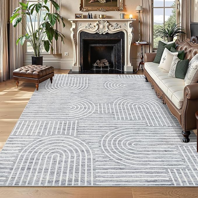 Washable Rug 8x10 Area Rugs for Living Room, Abstract Rug for Bedroom, Soft Rainbow Non Slip Throw Rugs with Rubber Back, Low Pile Stain Resistant Boho Geometric Carpet for Dining Room, Ash