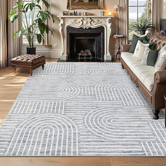 Washable Rug 8x10 Area Rugs for Living Room, Abstract Rug for Bedroom, Soft Rainbow Non Slip Throw Rugs with Rubber Back, Low Pile Stain Resistant Boho Geometric Carpet for Dining Room, Ash