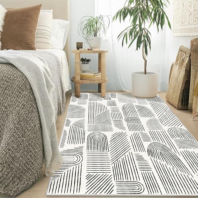 MUJOO 3x5 Washable Rug,Mid Century Modern Abstract Non Slip Low Pile Area Rug,White and Black Rug for Living Room Bedroom Entryway