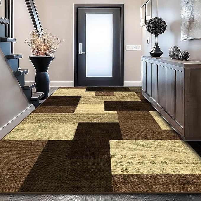 Modern Geometric Patchwork Indoor Area Rug for Living Room, Warm Taupe 8x10 Large Rug Rockwood Collection Hardwood Floors Decor for Bedroom, Taupe Throw Carpet for Office Entryway Dining Room