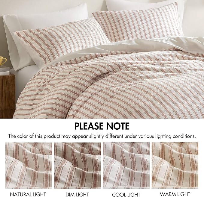 Madison Park Duvet Cover Set for Hot Sleepers - Linen Cotton Rayon Blend, Queen Size 3 Piece Set with Shams - Lightweight & Breathable Bedding, Terracotta Striped Design