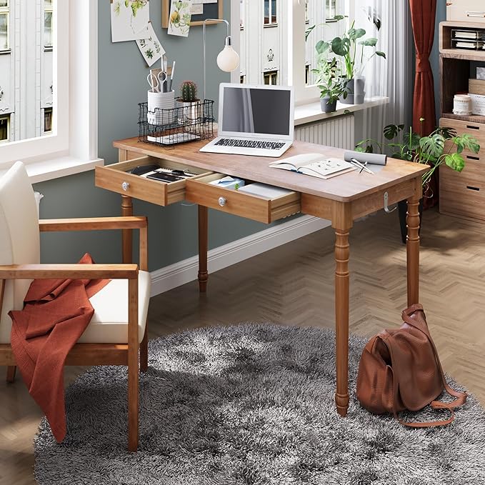 48 Inch Mid Century Modern Desk - Rubber Wood Desk with Drawers, Vintage Desks with 2 Hooks, Mid Century Desks for Bedroom, Living Room & Office, Walnut Color