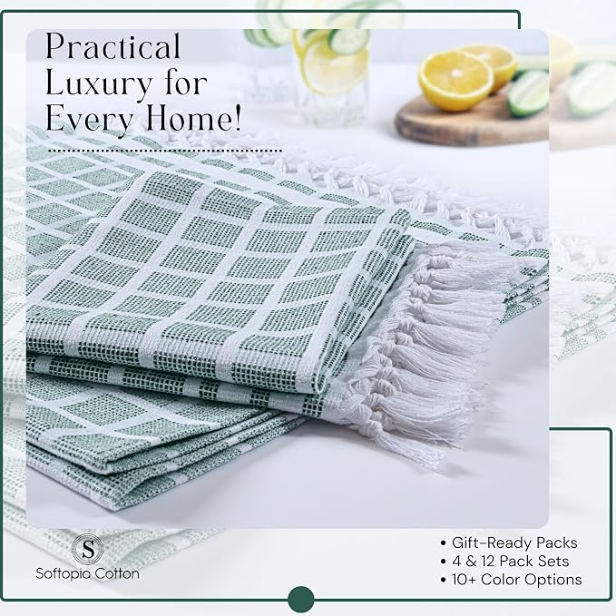 Matrix Dobby Kitchen Towels Set of 12, 100% Cotton, Combo Pack, 16"x26", Absorbent Tea Towels with Handmade Tassels, Reusable Cleaning Cloths - Beige, Forest Green, Grey