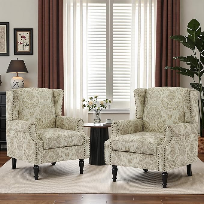 Wingback Chairs Set of 2, High Back Floral Accent Chair in Fabric, Comfy Upholstered Armchair with Nailhead Trim for Living Room, Single Sofa Reading Chair for Small Spaces, Bedroom-White