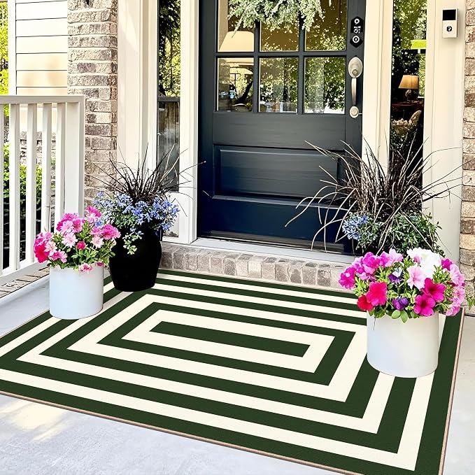 3x5 Modern Entry Rug - Small Washable Indoor Outdoor Mats for Front Door Non-Slip Porch Rug Green White Geometric Striped Throw Rugs for Living Room Bedroom Entryway Kitchen Office Porch Decor