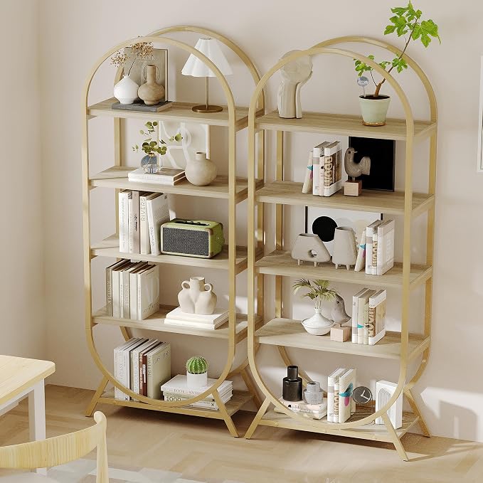Bookshelf Arched Bookcase, Industrial 5 Tier Open Book Shelves with Metal Frame, 72" Tall Freestanding Display Rack for Home Office, Living Room,Nature Wood and Gold