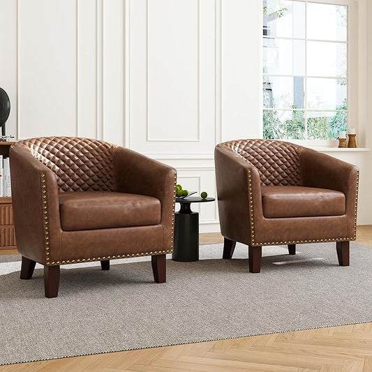 Accent Barrel Chair, Upholstered Faux Leather Club Chair with Nailed Trim, Comfy Reading Armchair for Living Room Bedroom Reception Room Office (Brown, Set of 2)