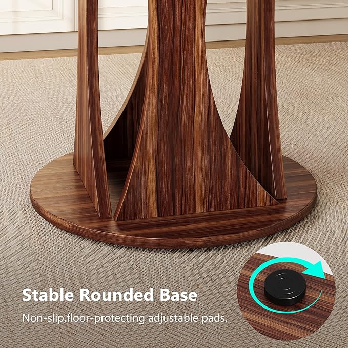 Einhomn Round Dining Table for 4-6, Kitchen Table with Sturdy Double Arc & Rounded Base & Backboard Clasp Desktop, Mid-Century Modern Circle Dinner Table for Dining Living Room, Space Saving, Walnut