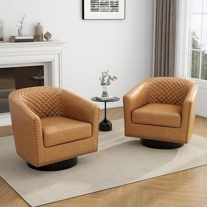 UIXE Swivel Barrel Accent Chairs Set of 2, Faux Leather Club Chair Upholstered Round Armchair for Living Room, Comfy Single Sofa Bedroom Reading Seat - Coffee