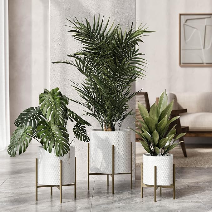 EverNest Claire Mid-Century Modern White Planter and Stand, Indoor Plant Pot, SelectBase, Minimalist Aesthetic, Home Decor for Plants - (Gold Base, Medium)