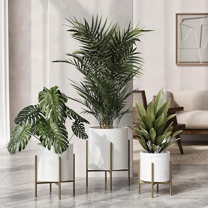 EverNest Claire Mid-Century Modern White Planter with Loki Stand, Indoor Plant Pot, SelectBase, Minimalist Aesthetic, Home Decor for Plants - (Gold Base, Set of 3)