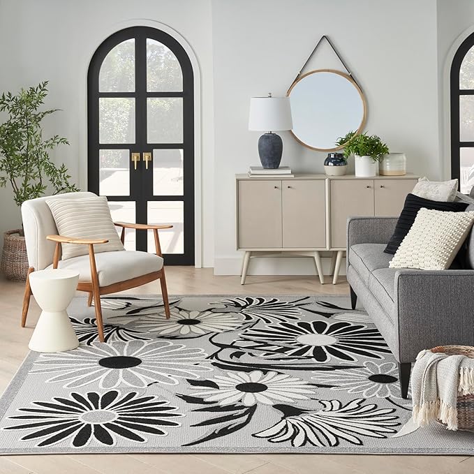 Nourison Home Aloha Black White 9' x 12' Area Rug - Easy Clean, Non Shedding, Bed Room, Living Room, Dining Room, Kitchen (9' x 12')