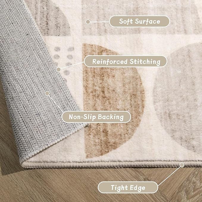 MUJOO Boho Rug Washable,4x6.5 Area Rugs for Bedroom Living Room Bedside Office,Throw Floor Carpet Non Slip Soft Indoor Modern Abstract Bohemian Neutral Beige