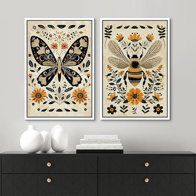 MUDECOR Framed Canvas Print Wall Art Set Butterfly Animals Botanical Bee llustrations Modern Art Decorative Bohemian Calm/Zen for Living Room, Bedroom, Office - 24"x36"x2 White
