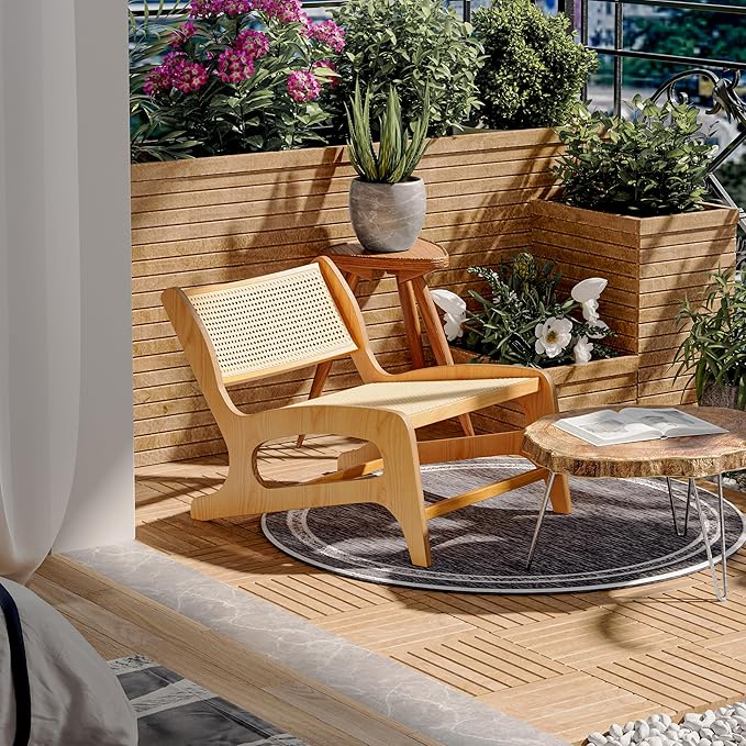 Chogori Mid Century Modern Wooden Lounge Chair Armless Rattan Accent Chair Lightweight Boho Style Seating Comfortable Single Chair for Living Room, Bedroom, or Patio (Natural-Oak, Set of 1)