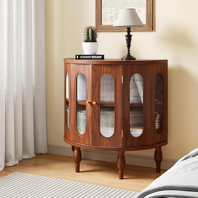 XUZENEST 31'' Sideboard Buffer Cabinet with Storage, Semi-Circle Modern Accent Storage Cabinet with Wooden Finish & Acrylic Doors, Console Table for Living Room Entryway Hallway (Walnut)