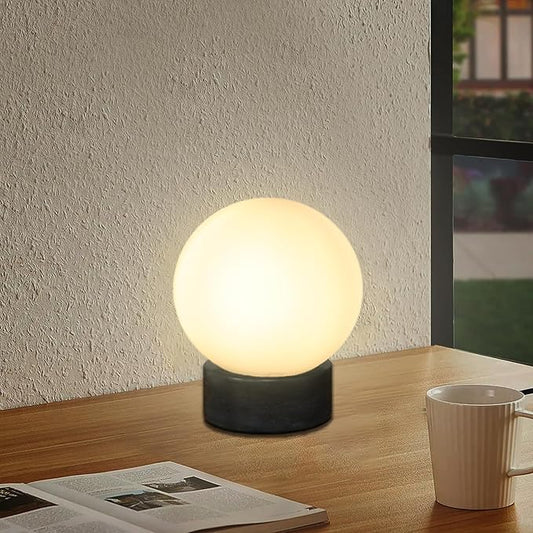 FLORNIA Globe Tble Lamp, Modern Industrial Round Table Lamp, Unique Bedside Nightstand Desk Lamp with Glass Shade and Marble Base for Bedroom, Living Room, Office Study, Decoration (Include Bulb G45)