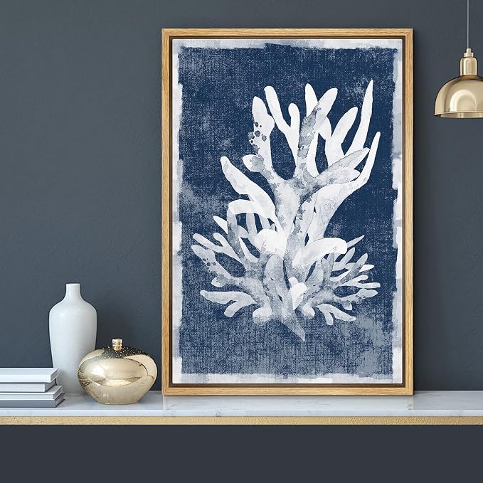 MUDECOR Framed Canvas Print Wall Art Watercolor Blot Long Ocean Coral Nature Wilderness Illustrations Modern Art Beach Colorful Ultra for Living Room, Bedroom, Office - 16"x24" Natural