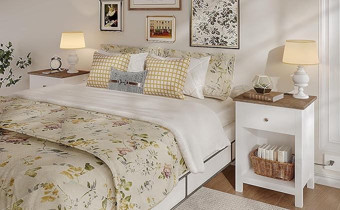 ChooChoo Farmhouse Nightstand Set of 2,Night Stand with Charging Station, Wooden Top Bedside End Table with Drawer and Storage Space for Bedroom, White