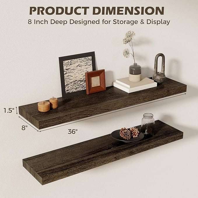36 Inch Floating Shelves for Wall, 8"D High End Solid Hardwood Shelves for Decor Storage, Rustic Wall Shelves with Invisible Heavy Duty Brackets for Living Room, Kitchen, Bathroom, Walnut, 2 Pack
