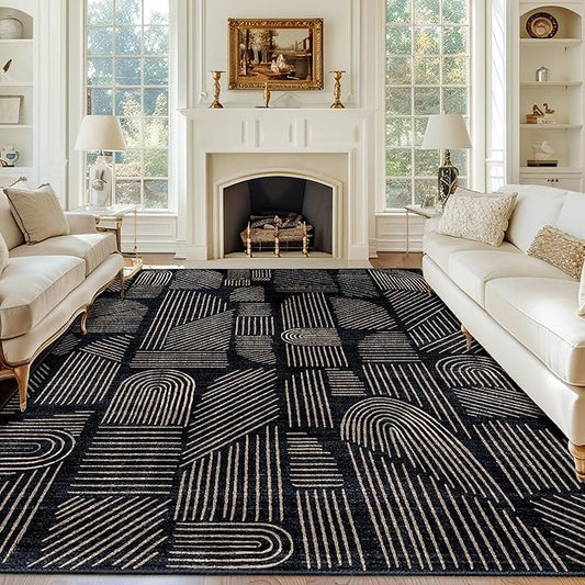 MUJOO 8x10 Washable Area Rug,Mid Century Modern Abstract Non Slip Low Pile Rug,Black and Gold Large Rug for Living Room Bedroom Dining Room