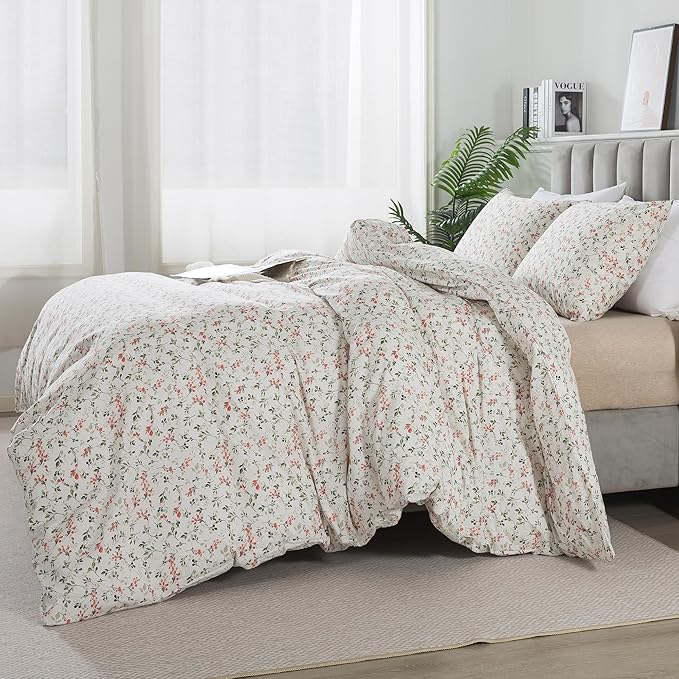 HoneiLife Duvet Dover King Size - 100% Cotton Comforter Cover Floral Duvet Cover Sets, Breathable Duvet Cover with Zipper Closure & Corner Ties, 3-PC Wildflower Comforter Cover Sets, Red Bean