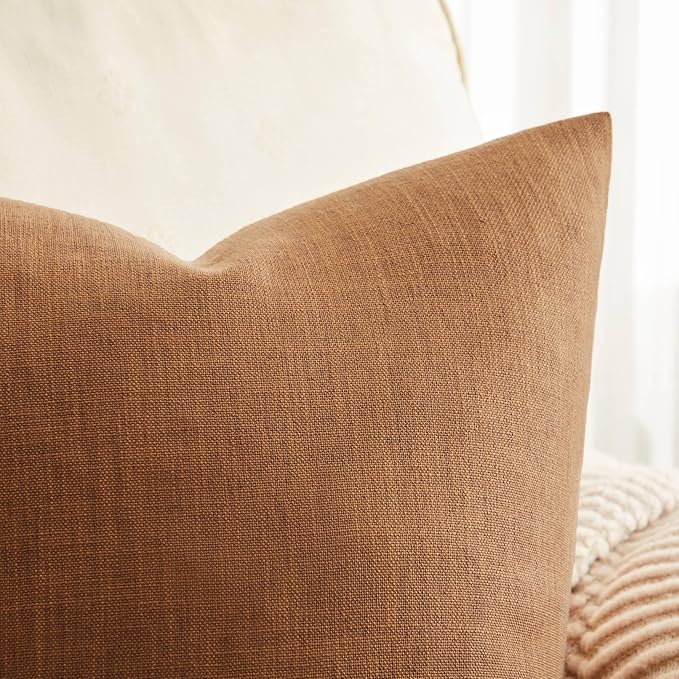 ZeeMart Rustic Cotton Linen Throw Pillow Covers Set of 2, 24x24 Inch Caramel, Farmhouse Style Decorative Couch Pillow Cases Cushion Covers for Sofa Bed Living Room Home Decor