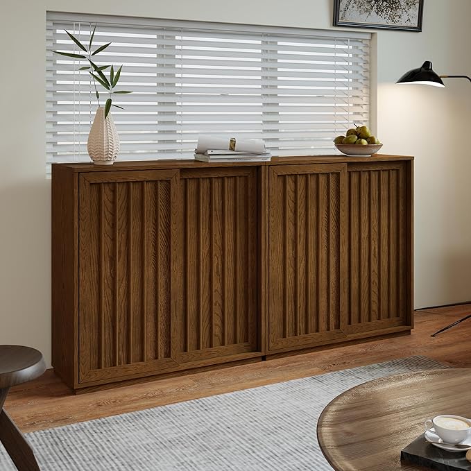 LKTART Mid Century Modern Sideboard Buffet Cabinet with 2 Fluted Sliding Door,Small Storage Cabinet with Outlet Holes for Living Room, Kitchen, Entryway, Hallway 32" Walnut
