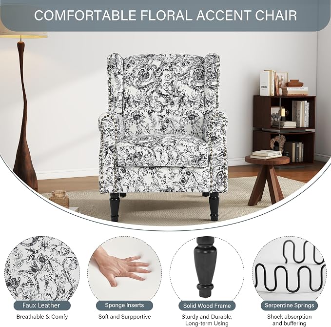 High Back Accent Chairs Set of 2, Fabric Upholstered Armchair Floral Wingback Chair for Living Room, Comfy Single Sofa Solid Wood Legs Bedroom Reading Seat - Rococo Black