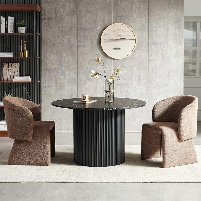 NORDICANA 3-Piece Round Dining Table Set for 2, Modern 47-Inch Kitchen Table and Chair Set, Dining Set with Brown Upholstered Armchairs, Manufactured Wood Top with Black Marble Effect Finish