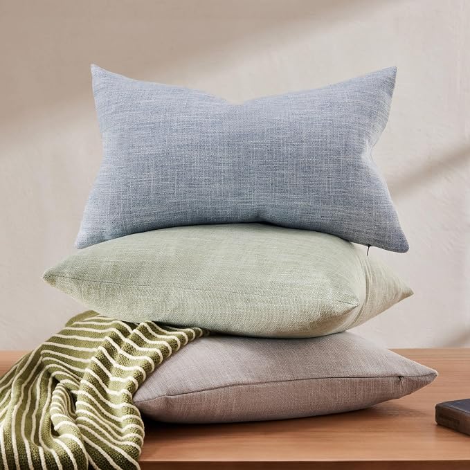 ZeeMart Rustic Cotton Linen Lumbar Throw Pillow Covers Set of 2, 12x20 Inch Blue, Farmhouse Style Decorative Couch Pillow Cases Dusty Blue Cushion Covers for Sofa Bed Living Room Home Decor
