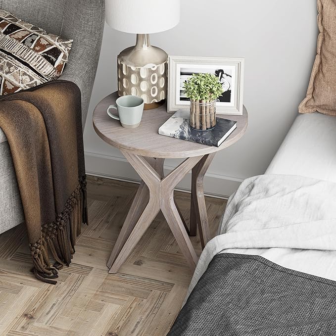 LONYKE Pedestal Farmhouse End Table Set of 2, Distressed Top with Tripod Base Bedside Table for Living Room, Modern, Boho Decor, Round (2-Pack, Distressed Aah Grey)