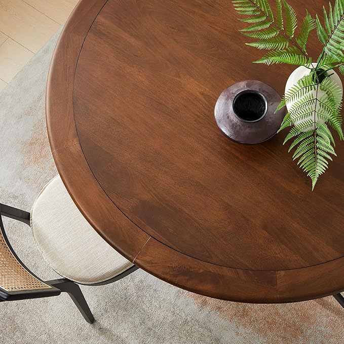 Modway Lippa 60 Inch Round Wood Dining Table with Metal Pedestal in Brass Walnut - Modern Industrial Dining Table for 6 People - Solid Wood Tulip Kitchen Table
