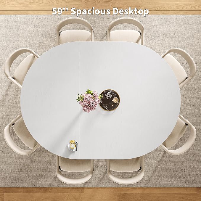 iPormis 43.3-59 Inch Extendable Round Dining Table for 6-8 People, Oval Dinner Table with Adjustable Top and A Stable Round Pedestal Base, Space Saving Wooden Kitchen and Dining Table, White