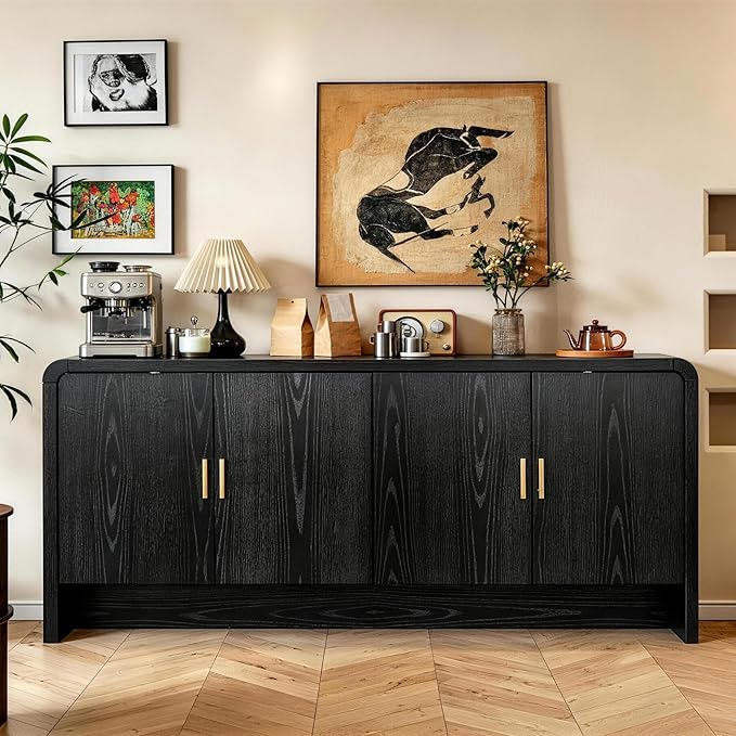 Finnhomy 68'' Sideboard Buffet Cabinet with Storage, Curved Design Credenza Storage Cabinet with 4 Doors, Console Cabinet for Kitchen, Living Room & Hallway, Black