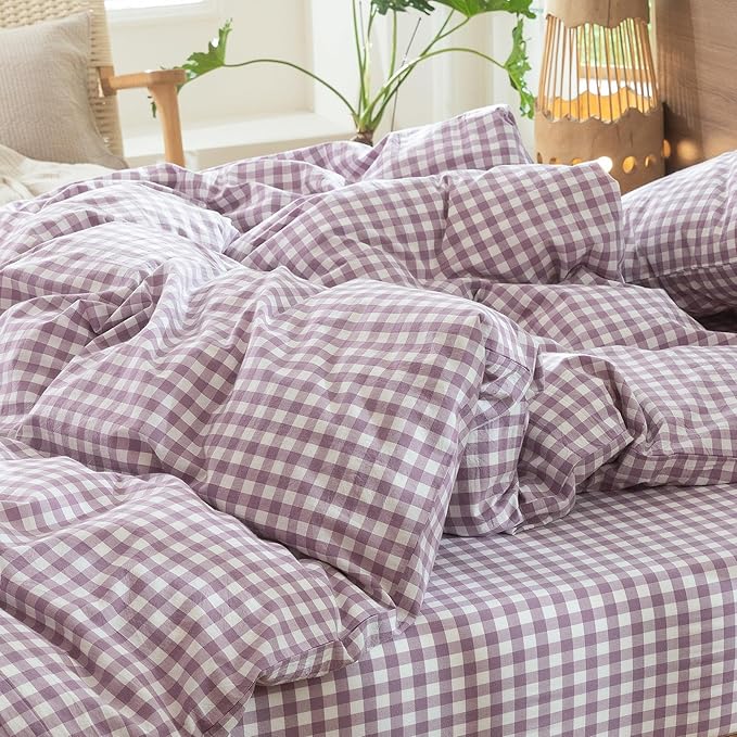 MooMee Gingham Duvet Cover Set 100% Washed Cotton Linen Like Textured Breathable Durable Soft Comfy Modern Checkered Design (Classic Gingham Light Purple, Palatial King/Oversized King 120"x98")