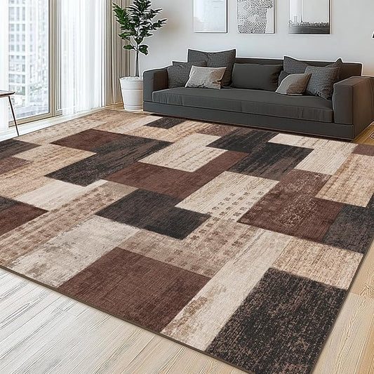 Modern Geometric Patchwork Indoor Area Rug for Living Room, Chocolate 9'x 12' Large Rug Rockwood Collection Hardwood Floors Decor for Bedroom, Brown Throw Carpet for Office Entryway Dining Room