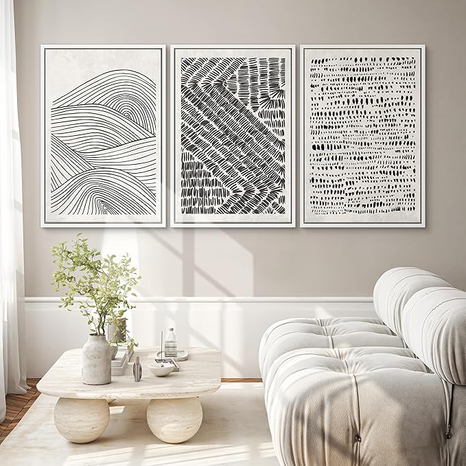 SIGNWIN Framed Canvas Print Wall Art Set Black Pastel Geometric Landscape Abstract Shapes Cozy Neutral Modern Art Decorative Boho Relax/Zen Nordic for Living Room, Bedroom, Office - 24"x36"x3 White