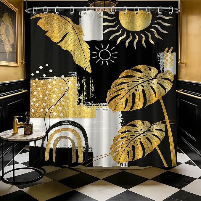 Black and Gold Mid Century Modern Shower Curtain Bohemian Abstract Dark Mens Shower Curtains for Bathroom Decor Sets, Waterproof Cloth Fabric with Hooks, 70x72 Inch