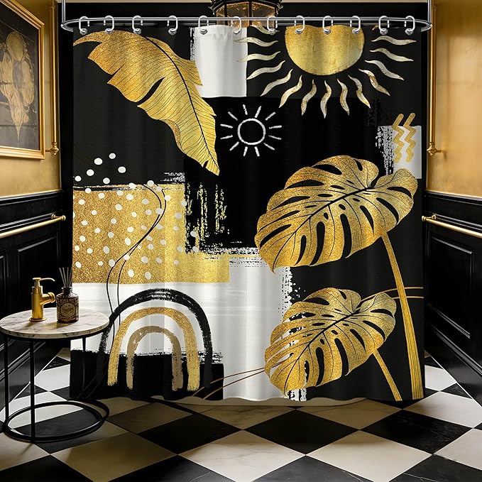 Black and Gold Mid Century Modern Shower Curtain Bohemian Abstract Dark Mens Shower Curtains for Bathroom Decor Sets, Waterproof Cloth Fabric with Hooks, 70x78 Inch